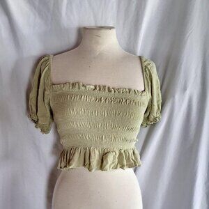 forever 21 Sage green ruffle top with puffed sleeves and scrunched abound sz med